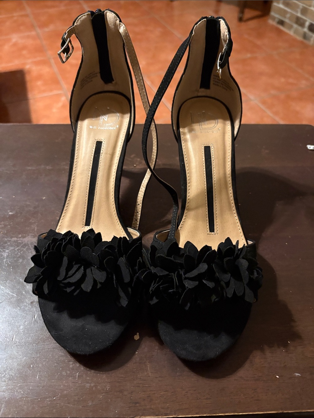 new directions Black Floral Open-Toe Ankle-Strap Heels